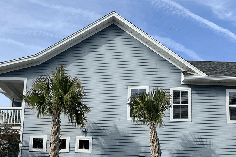 Light blue home with white gutter system and palm trees.